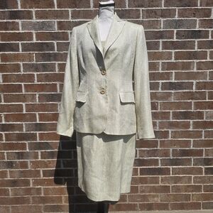 Neiman Marcus 3pc Silk Suit Set Beige Textured Blazer Skirt Top Size 6